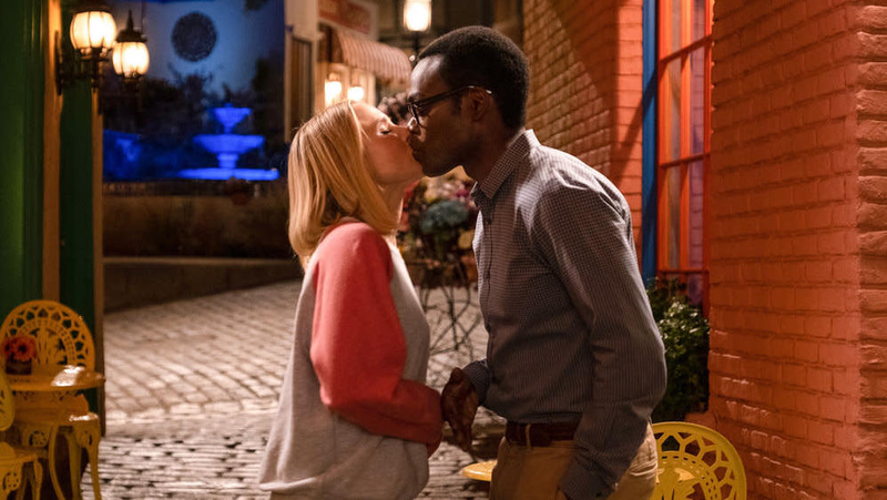 Chidi and Eleanor share a kiss.